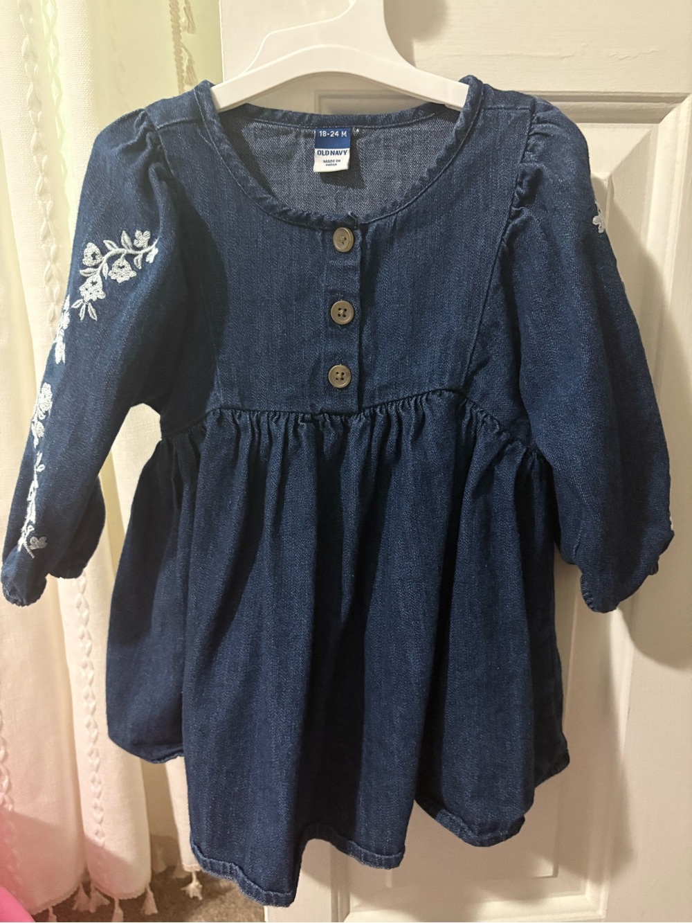 Old Navy Navy Blue Denim Embroidered Long-Sleeve Dress
